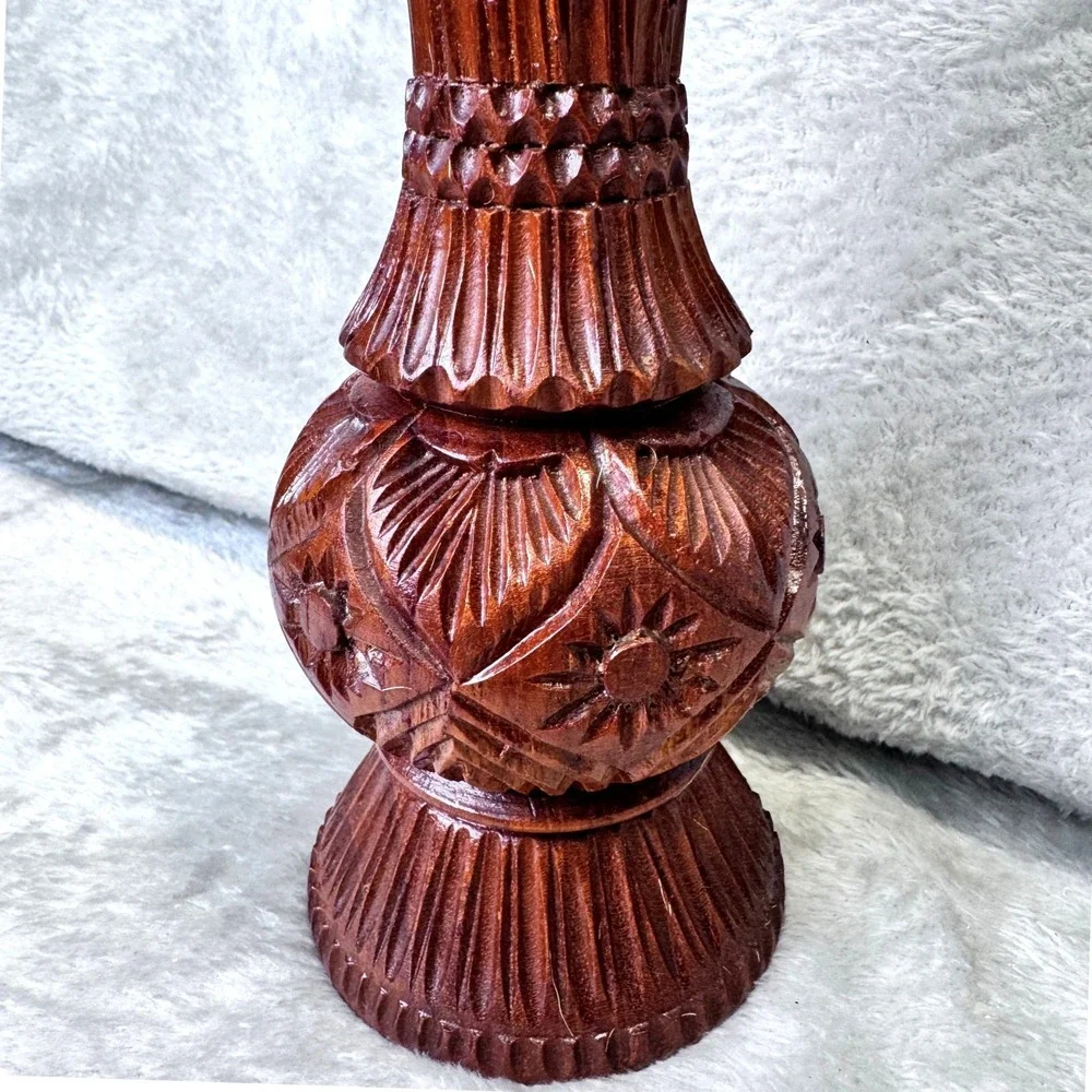 MCM Folk Art Carved Wooden Vase Ornate Floral Design Dark Wood Decorative Accent
